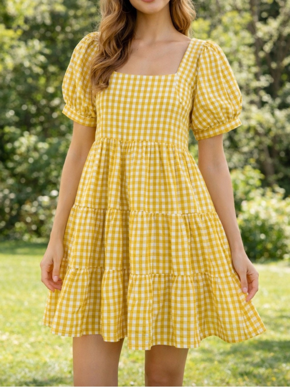 Faithfull the Brand Yellow Gingham Puff-Sleeve Mini Dress